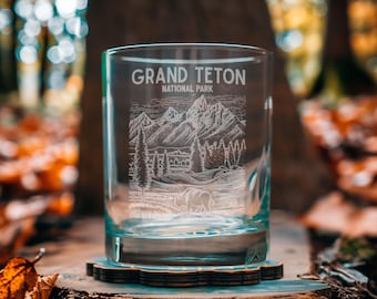 Grand Teton National Park Glasses | Personalized Whiskey, Wine & Beer Etched Glassware, Wyoming Gift, USA Made Western Home Decor
