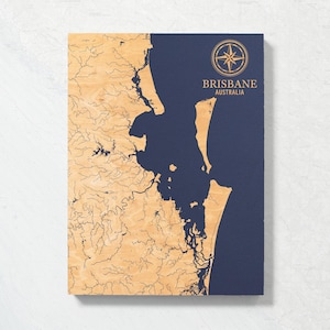 Mappa di Brisbane, Australia / Carta costiera incisa su legno, decorazione da parete per casa al mare, stampa nautica, regalo unico e personalizzato per la famiglia.