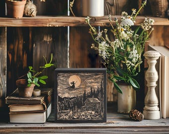 Flying Witch Mini Engraved Birch Wood Panel | Block Print Style Halloween Wall Art, Spooky Haunted House Landscape Print, Gothic Decor Gift