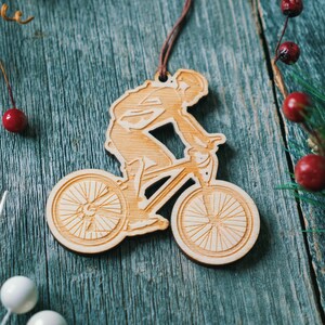 Mountain Biker Ornament Christmas, Holiday Decor, Hostess Gift, Gift Tags, Stocking Stuffer, Tree Decoration, Wood, USA Made image 1