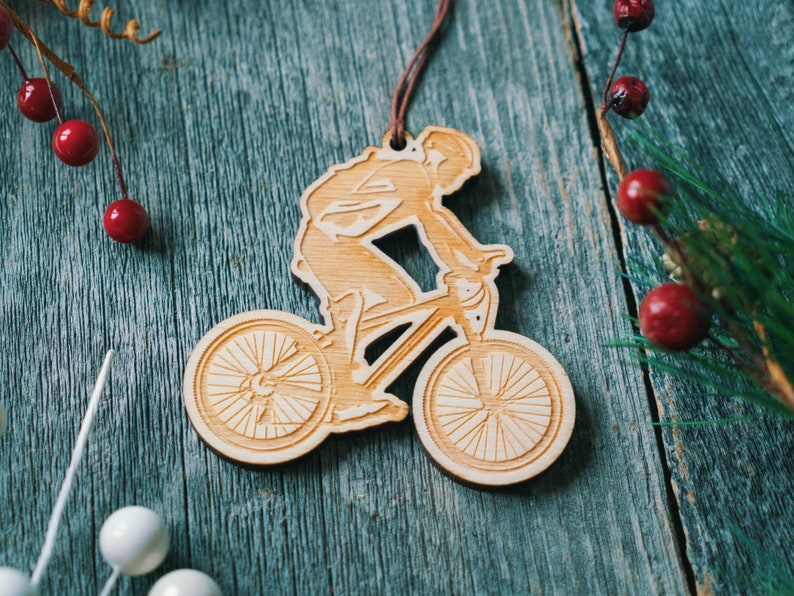 Mountain Biker Ornament Christmas, Holiday Decor, Hostess Gift, Gift Tags, Stocking Stuffer, Tree Decoration, Wood, USA Made image 1