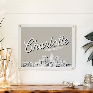 Charlotte, North Carolina Felt Poster Banner | City skyline wall art print sign. Vintage city line drawing pennant home decor. Handmade gift