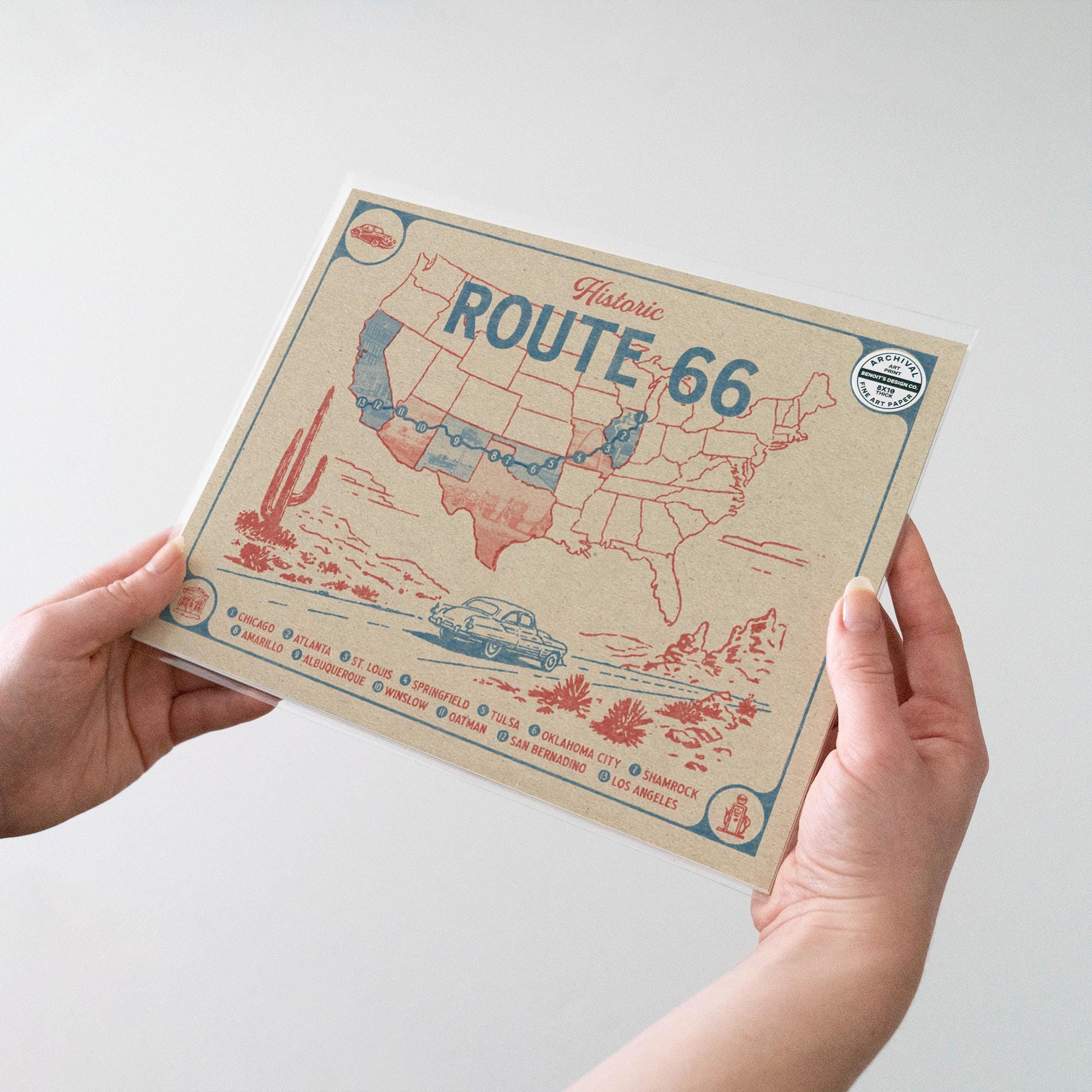Route 66 Map Art Print - Vintage Road Trip Wall Decor, Americana Travel ...