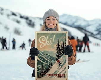 Affiche/Bannière en feutrine représentant le Mont Hood, Oregon | Affiche de ski vintage turquoise. Cadeau idéal pour les skieurs. Décoration murale pour chalet de montagne. Décoration intérieure. Fait main aux États-Unis.