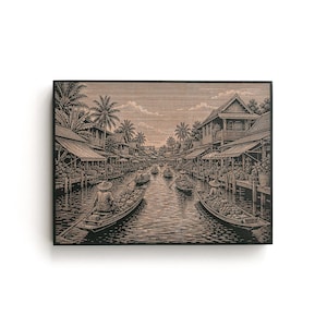 May include: A rectangular wall art print featuring a detailed black and tan line-art illustration of a bustling floating market. The scene depicts multiple small wooden boats carrying produce along a canal, flanked by traditional houses and palm trees.