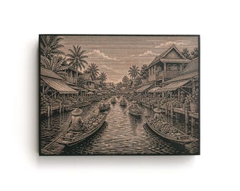 Bangkok Floating Market Engraved Birch Art Panel | Thailand Wall Art, Travel Decor, Tropical Market Gift