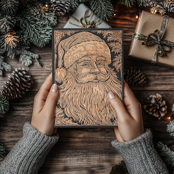 Santa Face Engraved Wood Panel | Retro Block Print Wall Art