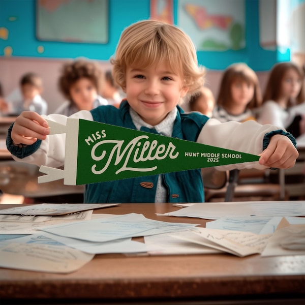 Custom Teacher Name Sign Felt Pennant | Personalized vintage style teacher appreciation gift classroom poster, end of year school gift