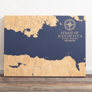 Mappa dello Stretto di Juan de Fuca, Washington / Carta costiera incisa su legno, decorazione da parete, stampa nautica, regalo personalizzato per la famiglia