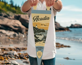 Acadia National Park Felt Pennant | Vintage style poster. Vintage typography Maine flag wall art home decor. USA Handmade Gift