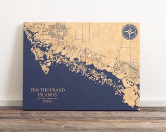 Ten Thousand Islands, Florida Map | Engraved Wood Coastal Wall Art Sign, Beach House Home Decor Nautical Print, Unique Personalized Gift