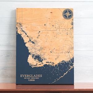 Kaart Everglades, Florida | Gegraveerd houten bord kustmuur, huisdecor strandhuis nautische print, uniek gepersonaliseerd familiecadeau