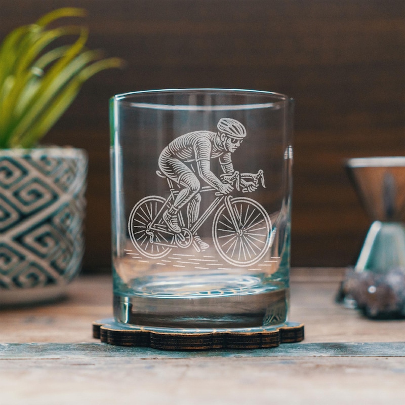 Road Biker Glasses, Laser Etched Male & Female Cycling Designs, Whiskey, Wine, Pint and Beer Can Glassware, Gift for Cyclists and Riders