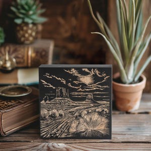 Arizona Monument Valley gegraveerd berkenhouten paneel | Linosnede blokdruk kunst aan de muur, staat illustratie, zuidwestelijke volkskunst woondecoratie cadeau