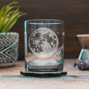 Full Moon Engraved Glasses | Personalized space etched glassware for beer, whiskey, wine and cocktails. Moon Home decor & Celestial gift.