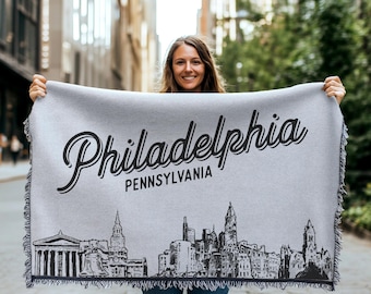 Philadelphia Pennsylvania City Blanket | Woven Throw Blanket Gift, Black & White Skyline City Art, Fun Home Decor, Cozy Soft City Gift