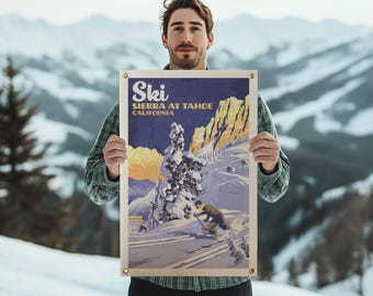 Ski Sierra at Tahoe California Felt Poster Banner | Vintage ski mountain wall art gift. Camp flag pennant home decor. USA Handmade