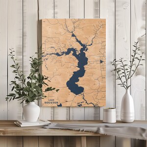 Lake Houston Texas / Decorazione per la casa con mappa personalizzata del lago, regalo personalizzato per casa sul lago, regalo per anniversario di matrimonio in campeggio, arte murale in legno incisa