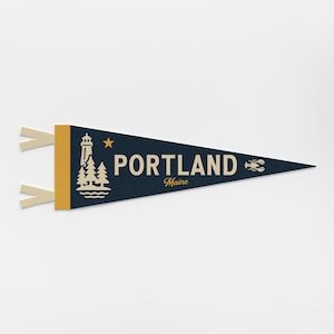 Portland Maine Felt Pennant | Forest City banner poster. Vintage town & state pride typography flag home decor. Maine gift USA