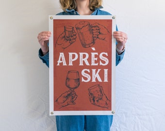 Apres Ski Felt Poster Banner | Ski and mountain inspired wall art gift. Vintage typography and graphic flag pennant home decor. USA Handmade