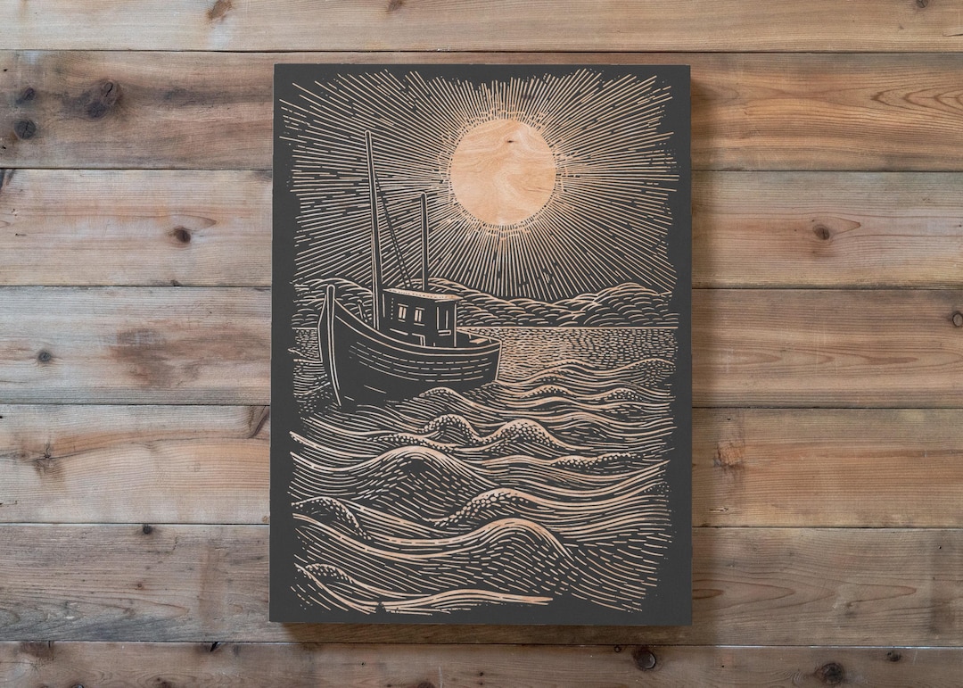 Fishing Boat Engraved Wood Panel | Block Print Inspired Nautical
