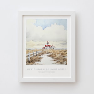 New Dungeness Lighthouse Washington Wall Art Print - Pen Ink & Watercolor Coastal Decor Illustration, archival fine art print. State gift.