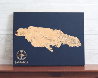 Jamaica Map | Engraved Wood Coastal Chart Wall Art Sign, Beach House Home Decor Island Life Nautical Print, Unique Personalized Family Gift