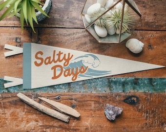 Salty Days Felt Pennant | Vintage Camp Banner, Inspirational Surf Life Home Decor, Beachy House Retro Wall Art, Outdoors Home Accent Gift.
