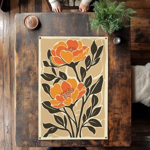 Faixa de feltro com estampas florais em tons de outono | Arte de parede em tons de amarelo e laranja, estampa floral, arte de parede em grande escala, presentes estilo boho, decoração de jardim para casa