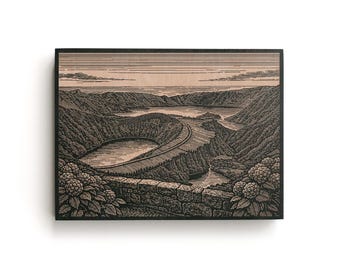 Azores Portugal Engraved Birch Art Panel | Crater Lake Wall Art, Island Travel Decor, Scenic Landscape Gift