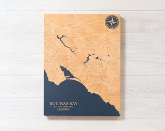 Bolinas Bay, California Map | Engraved Wood Coastal Art Sign, Beach House Home Decor Wall Hanging Nautical Print, Unique Personalized Gift