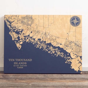 Kaart van Ten Thousand Islands, Florida | Gegraveerd houten bord kustmuur, huisdecor strandhuis nautische print, uniek gepersonaliseerd cadeau