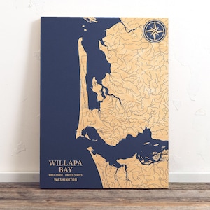 Mappa di Willapa Bay, Washington / Carta costiera incisa su legno, decorazione da parete per la casa, stampa nautica, regalo unico e personalizzato per la famiglia.