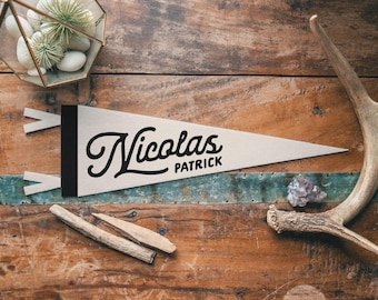 Custom Heritage Name Sign Felt Pennant | Personalized Neutral vintage style banner flag, kids & Nursery Wall Art, Boys Girls home decor gift