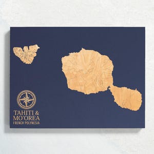 Kaart Tahiti en Mo'orea, Frans-Polynesië | Gegraveerde houten kustkaart kunst aan de muur, decor strand woondecoratie eiland print, uniek gepersonaliseerd cadeau