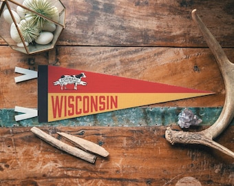 Wisconsin Felt Pennant | Forward Cow state banner poster. Vintage typography flag, pennant home decor. USA Handmade