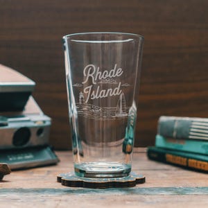 Rhode Island State Engraved Glasses | Personalized landscape etched glassware for beer, whiskey, wine and cocktails. Home decor & gift. Pint