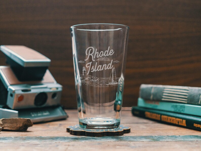 Rhode Island State Engraved Glasses | Personalized landscape etched glassware for beer, whiskey, wine and cocktails. Home decor & gift. Pint