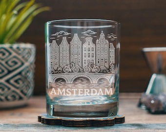 Amsterdam Glass | Dutch Canal Houses Engraved Glassware, Netherlands Souvenir, Amsterdammer, Travel Lover Barware, Amsterdam Travel Gift