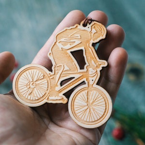 Mountain Biker Ornament Christmas, Holiday Decor, Hostess Gift, Gift Tags, Stocking Stuffer, Tree Decoration, Wood, USA Made image 2