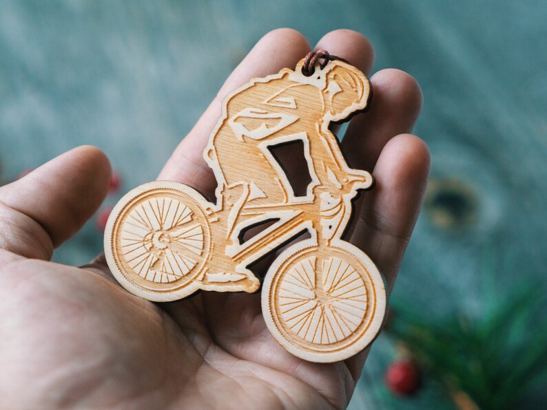 Mountain Biker Ornament Christmas, Holiday Decor, Hostess Gift, Gift Tags, Stocking Stuffer, Tree Decoration, Wood, USA Made image 2