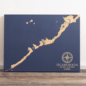 Kaart Islamorada, Florida | Gegraveerd houten bord kustmuur, huisdecor strandhuis nautische print, uniek gepersonaliseerd familiecadeau