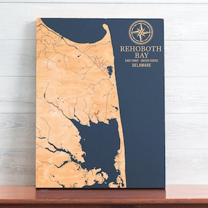Rehoboth Bay Karte von Delaware | "Graviertes Holz Küsten Wand Kunst Zeichen, Strand Haus Wohnkultur nautischen Druck, einzigartiges personalisiertes Geschenk für die Familie