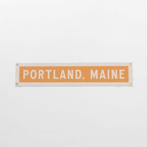 Custom Name Sign Felt Banner | Classic vintage style typography flag. Personalized pennant family gift. Lake, mountain location, home decor. Orange & Cream