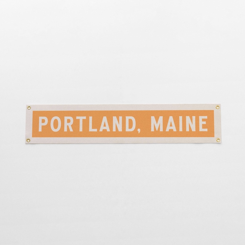 Custom Name Sign Felt Banner | Classic vintage style typography flag. Personalized pennant family gift. Lake, mountain location, home decor. Orange & Cream