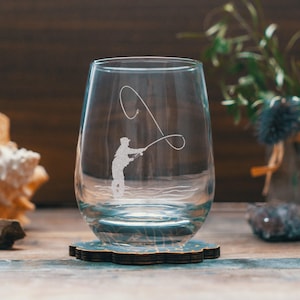Fly Fisherman Glasses | Personalized etched beer, whiskey, wine & cocktail glassware. Fishing Adventure gift. Camp barware and home decor.
