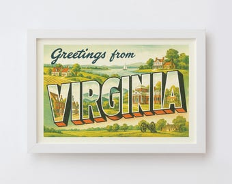 Impression d'art de carte postale de Virginie | Salutations de Virginie, affiche d'art mural de style vintage, décoration de souvenir d'État rétro, cadeau de voyage Americana