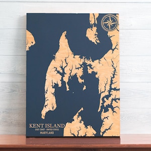 Kent Island, Maryland Karte | "Graviertes Holz Küstenkarte Wand Kunst Zeichen, Strandhaus Wohnkultur Wasserdruck, personalisiertes Geschenk für die Familie."