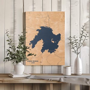 Fern Ridge Lake Oregon / Decorazione per la casa con mappa personalizzata del lago, regalo personalizzato per casa sul lago, regalo per anniversario di matrimonio in campeggio, arte murale in legno incisa