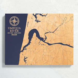 Umpqua River, Oregon Karte | "Graviertes Holz Küsten Karte Wand Kunst Schild, Strand Haus Wohnkultur nautischen Druck, einzigartiges personalisiertes Geschenk für die Familie